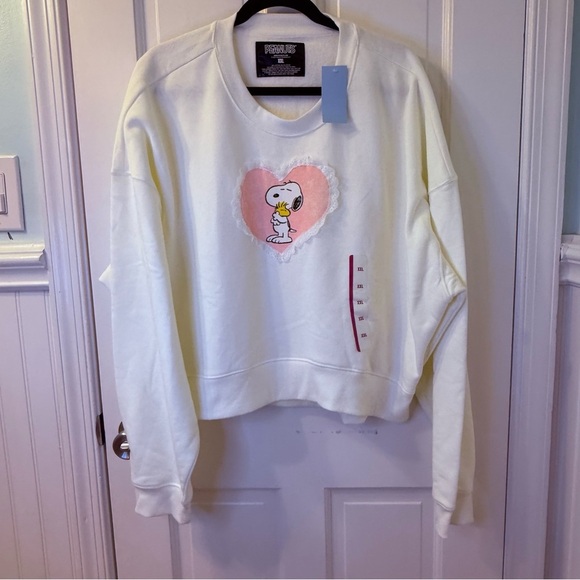 Peanuts White and Pink Boxy Long Sleeve Crewneck Sweatshirt - Picture 1 of 7